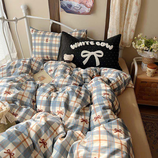 Soft Washed Cotton Bow Plaid Bedding Set - Blue - King - Flat Sheet - image 0