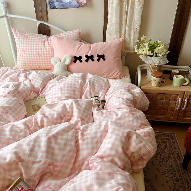 Soft Washed Cotton Bow Plaid Bedding Set - Pink - King - Flat Sheet - image 4