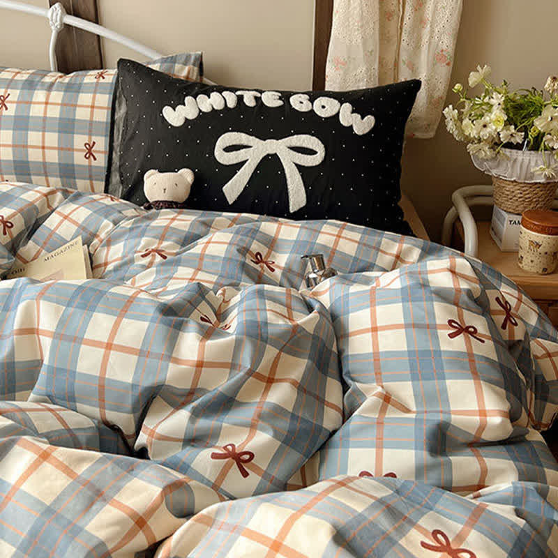 Soft Washed Cotton Bow Plaid Bedding Set - image 1