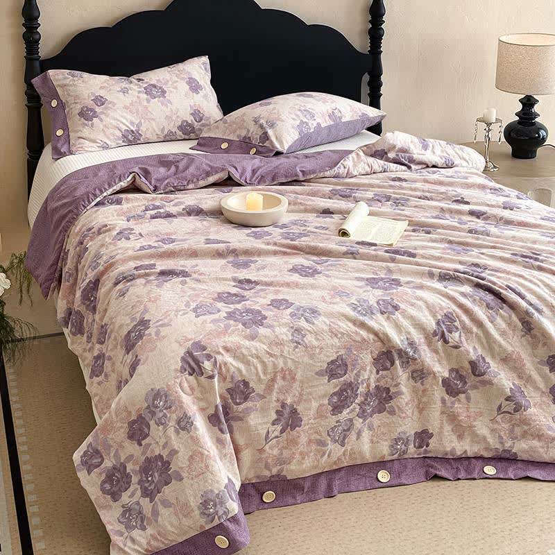 Romantic Purple Floral Cotton Linen Blanket Quilt - image 4