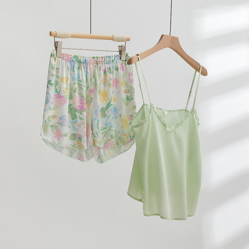 Mint Satin Ruffle Cami and Floral Shorts Loungewear Set - image 1