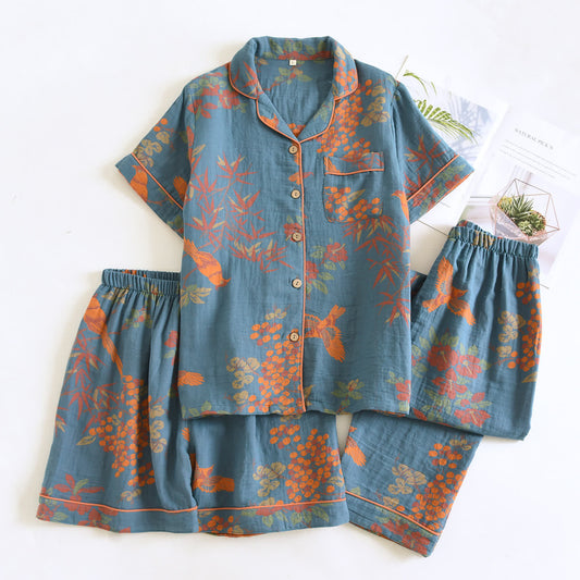 Vintage Bird Floral Cotton Loungewear Set - Blue - XL - image 0