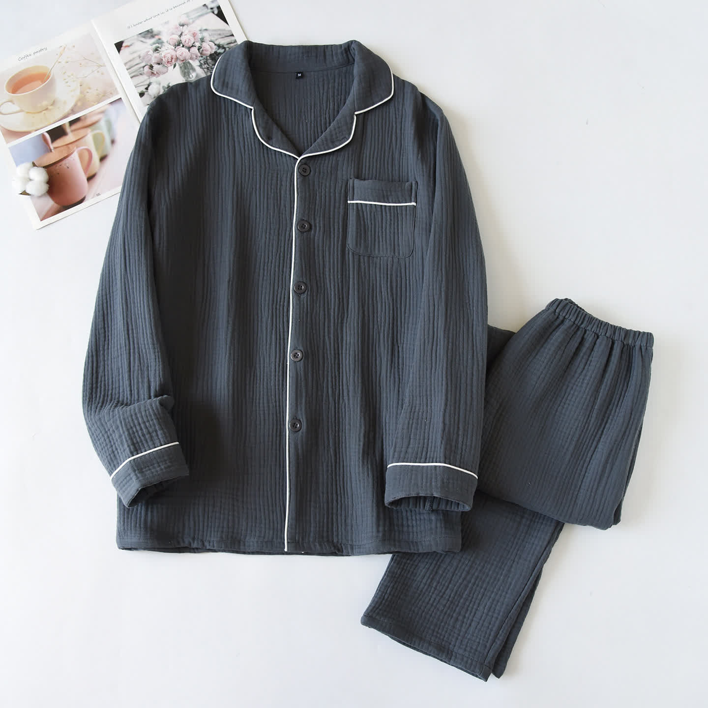 Cotton Gauze Contrast Trim Loungewear Set - Dark Gray - XL - image 2