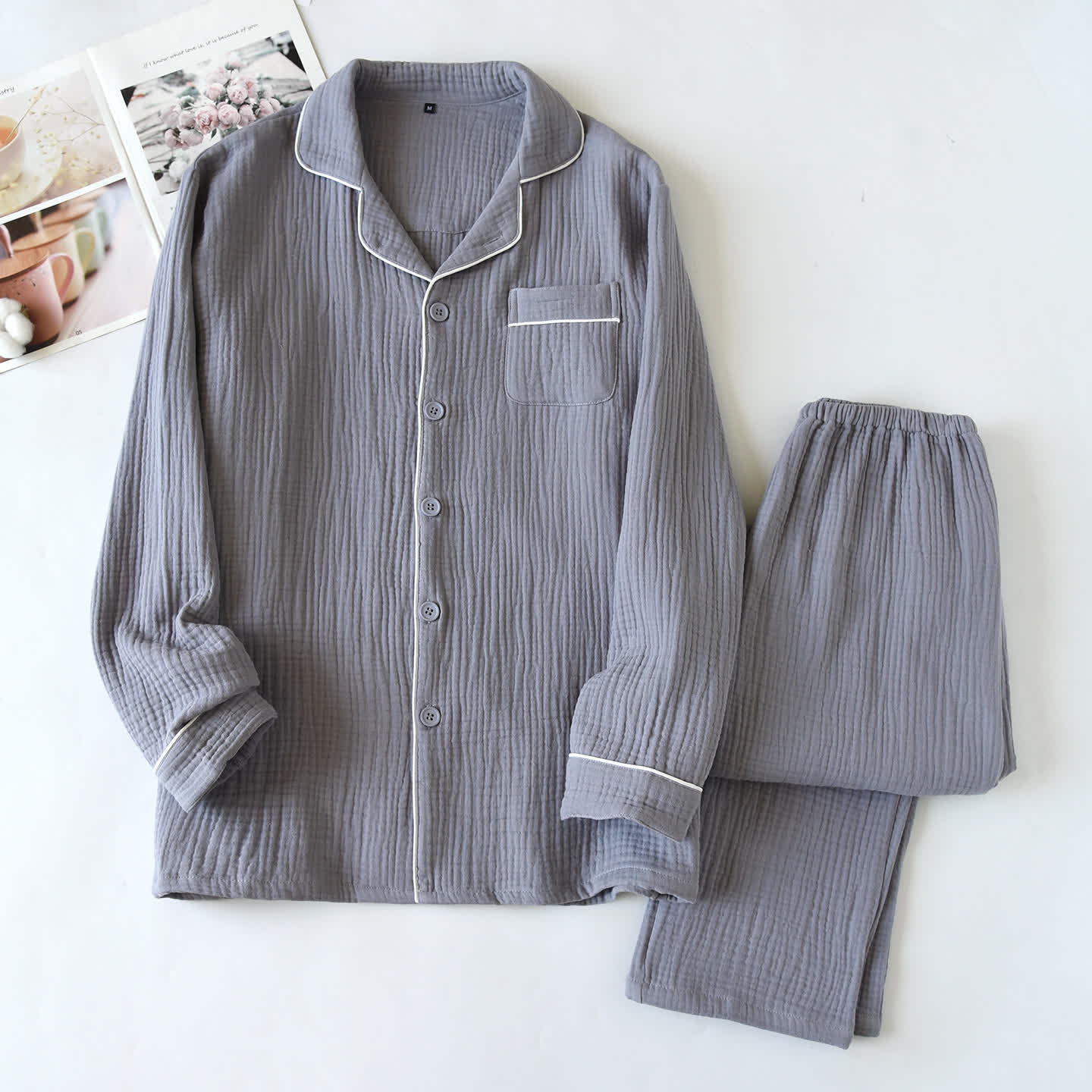Cotton Gauze Contrast Trim Loungewear Set - Gray - XL - image 1