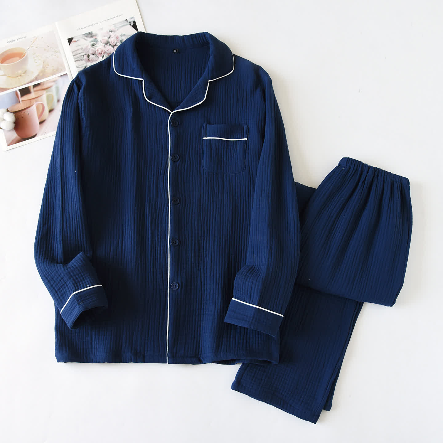 Cotton Gauze Contrast Trim Loungewear Set - Navy - XL - image 0