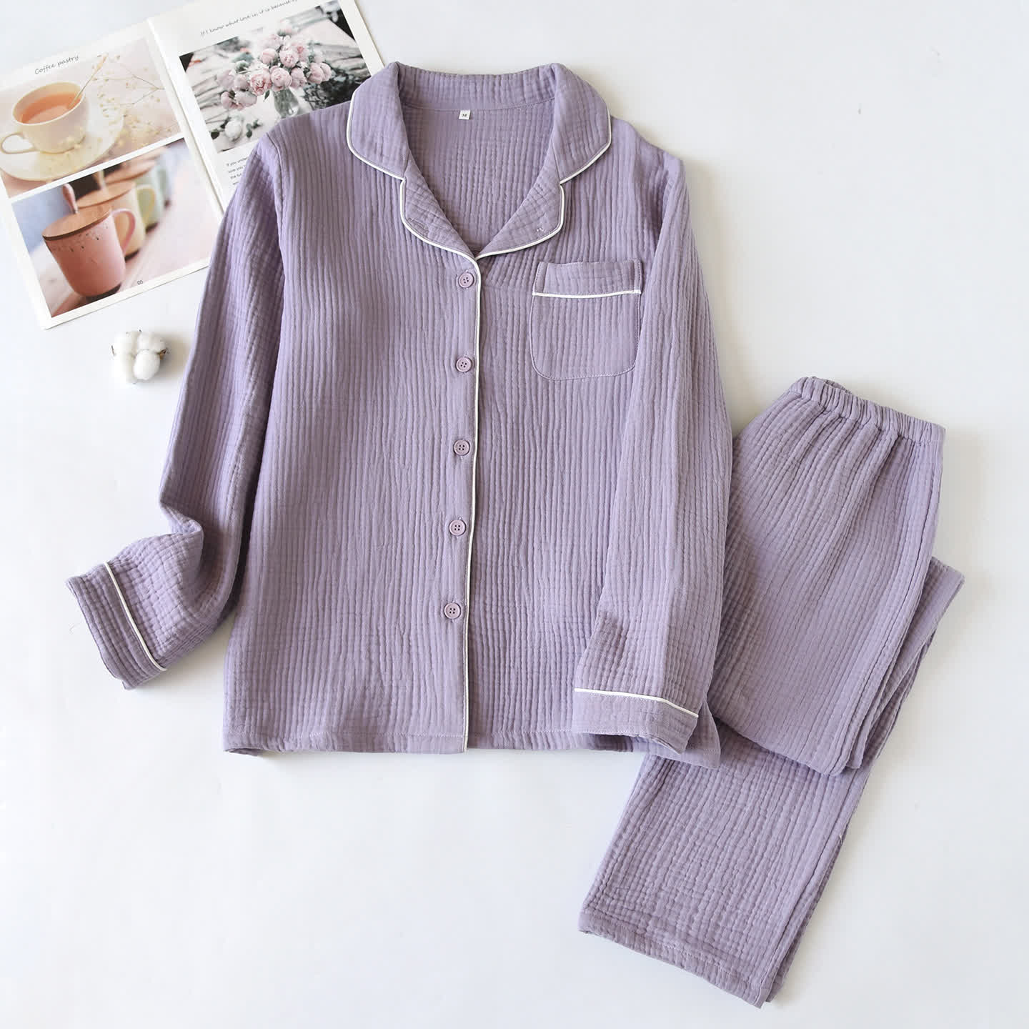 Cotton Gauze Contrast Trim Loungewear Set - Purple - XL - image 3