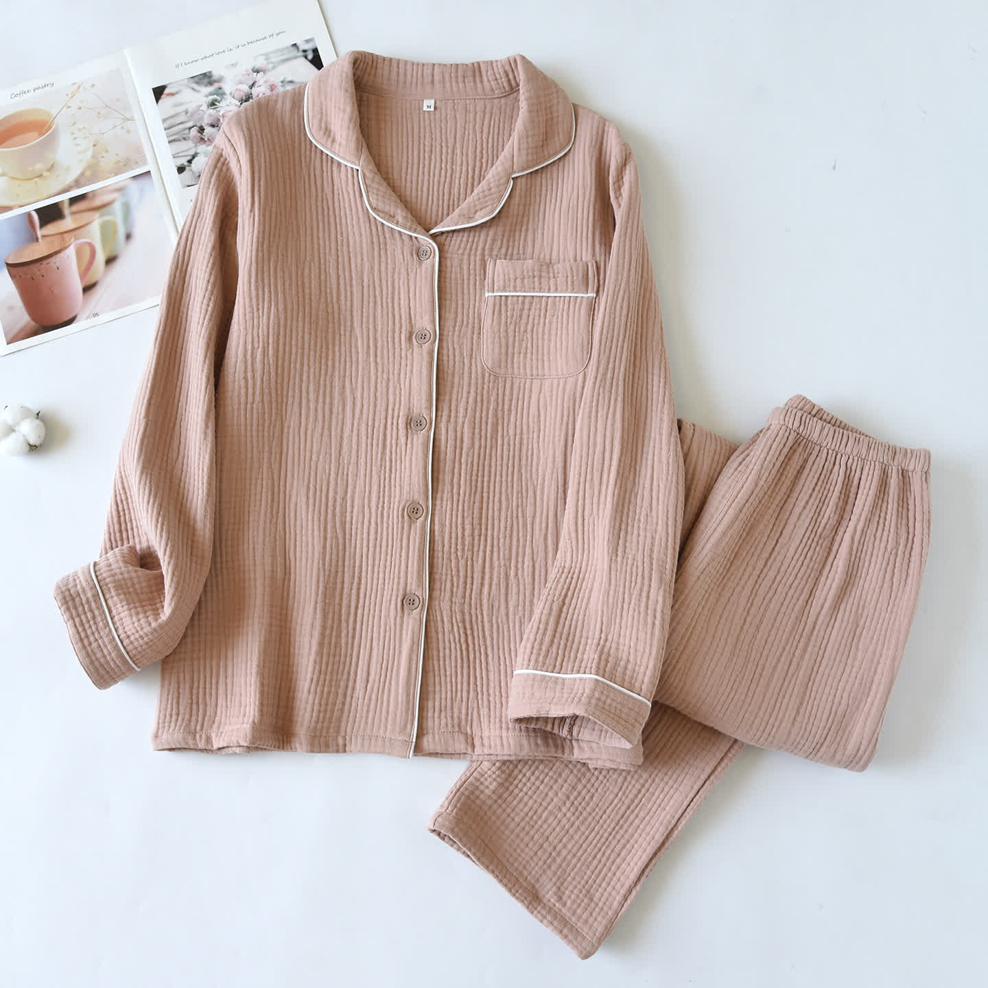Cotton Gauze Contrast Trim Loungewear Set - Pink - XL - image 4