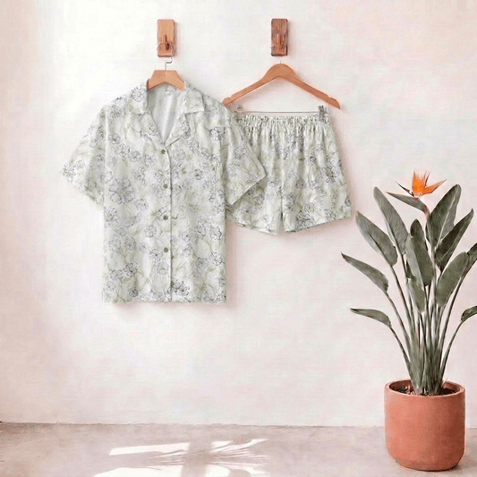 Mint Floral Satin Button Up Shorts Loungewear Set - Honeydew - L - image 0