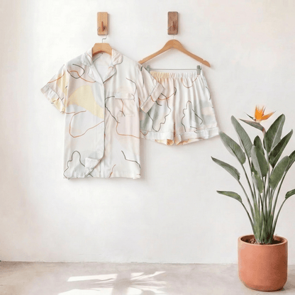 Abstract Print Sateen Short Sleeve Loungewear Set - White Smoke - XXL - image 0