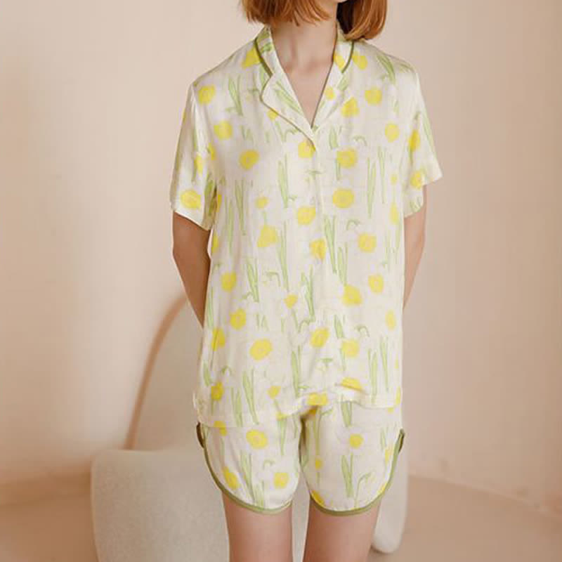 Satin Daffodil Print Short Sleeve Pajama Set - image 2