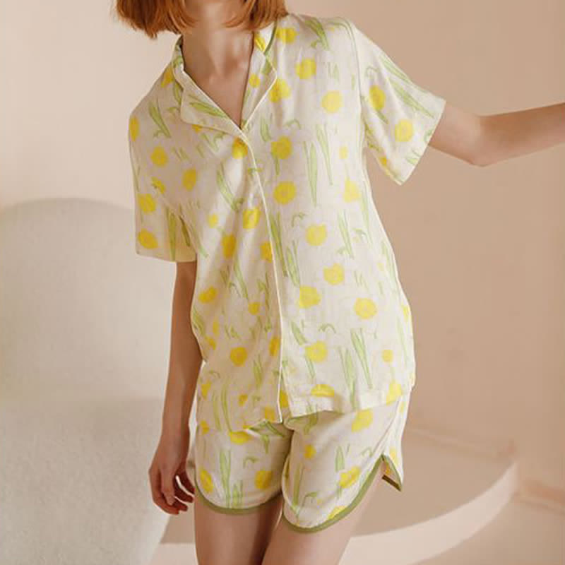 Satin Daffodil Print Short Sleeve Pajama Set - image 3