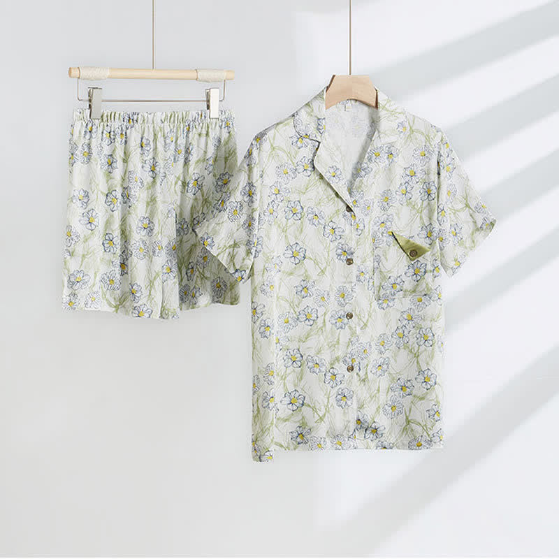 Mint Floral Satin Button Up Shorts Loungewear Set - image 1