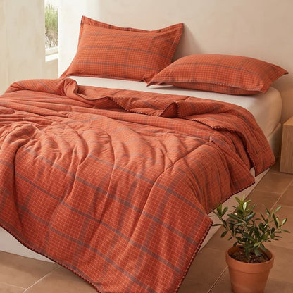 Yarn Dyed Orange Plaid Cotton Summer Quilt - Orange - Quilts - King - image 0