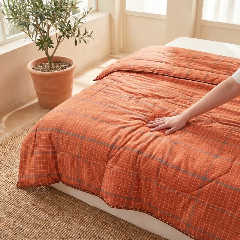 Yarn Dyed Orange Plaid Cotton Summer Quilt - image 3