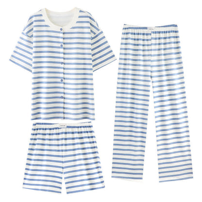 Blue Stripe Cotton 3-Piece Loungewear Set - Blue Stripe - XXL - Full Button - image 1