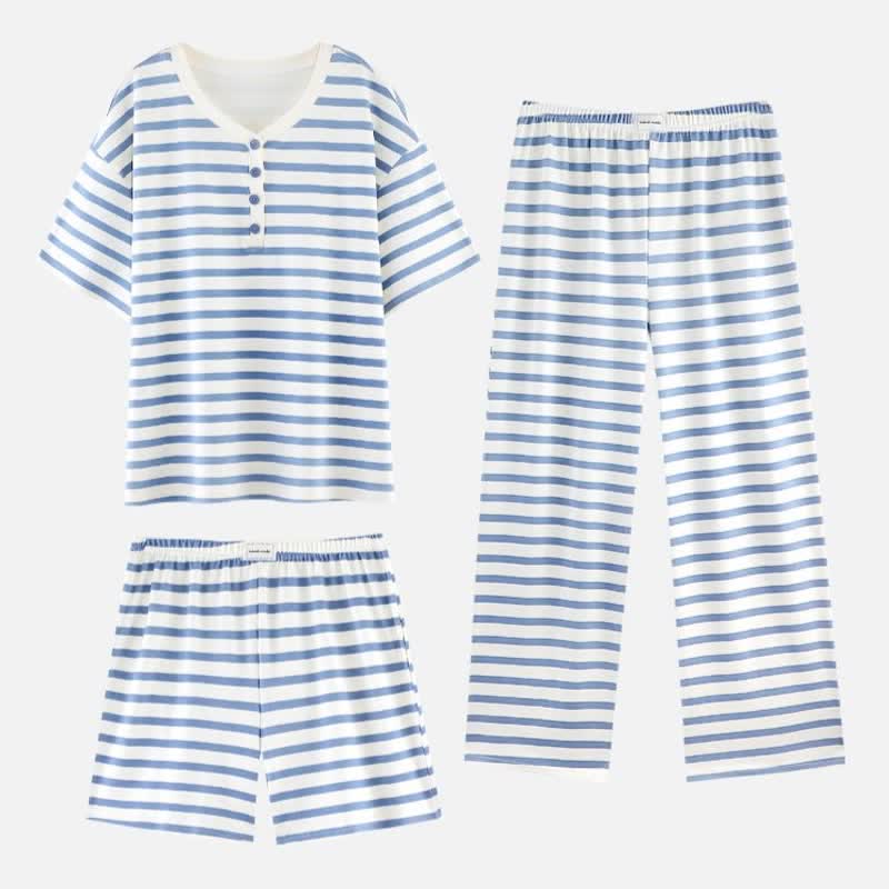 Blue Stripe Cotton 3-Piece Loungewear Set - Blue Stripe - XXL - Henley Button - image 5