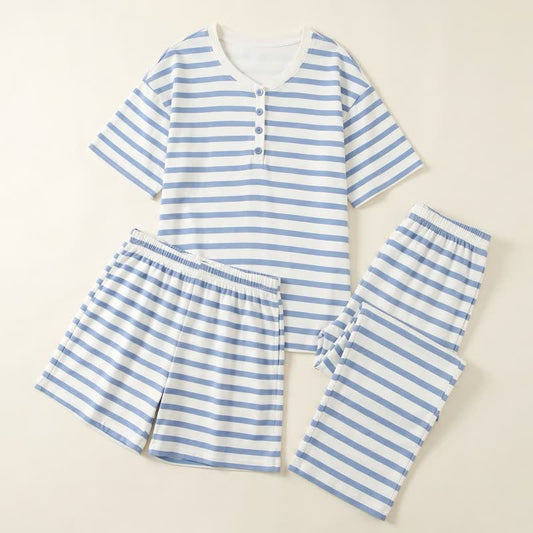 Blue Stripe Cotton 3-Piece Loungewear Set - image 0