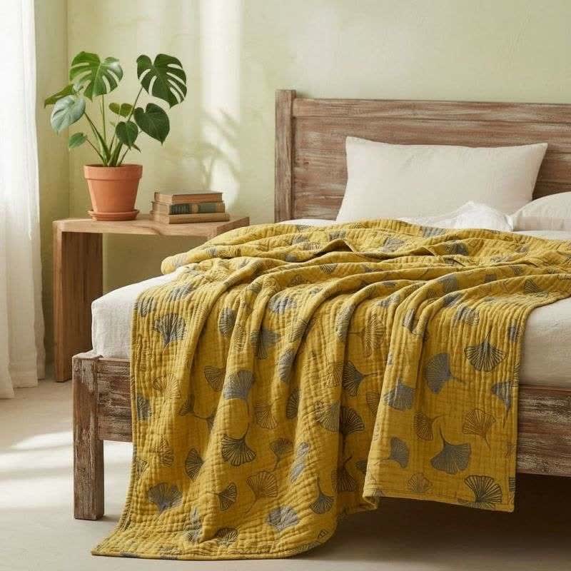 Mustard Ginkgo Quilted Cotton Throw Blanket - image 3