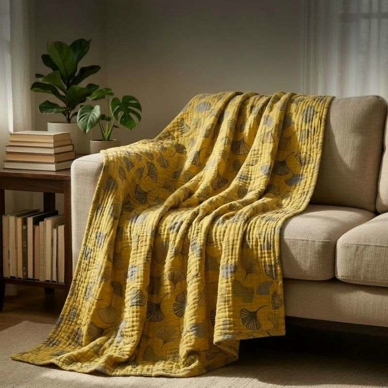 Mustard Ginkgo Quilted Cotton Throw Blanket - image 5