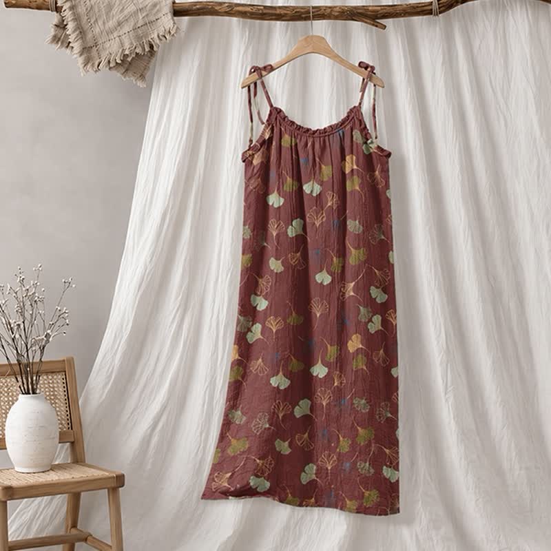 Ginkgo Leaf Tie Strap Lounge Midi Dress - Camel & Green - XL - image 45