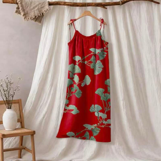 Ginkgo Leaf Tie Strap Maxi Lounge Dress - Red & Green - XL - image 0