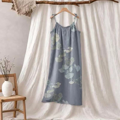 Ginkgo Leaf Tie Strap Cotton Lounge Midi Dress - Blue & Light Green - XL - image 0