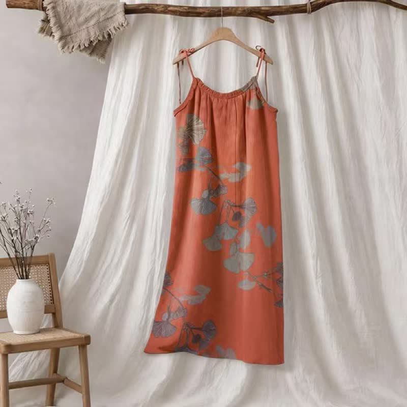 Ginkgo Leaf Tie Strap Cotton Lounge Midi Dress - Orange & Green - XL - image 10