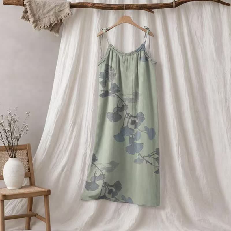Ginkgo Leaf Tie Strap Cotton Lounge Midi Dress - Light Green & Blue - XL - image 5