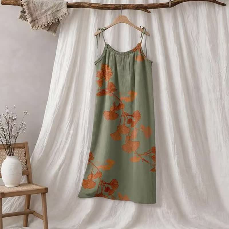 Ginkgo Leaf Tie Strap Cotton Lounge Midi Dress - Green & Orange - XL - image 15