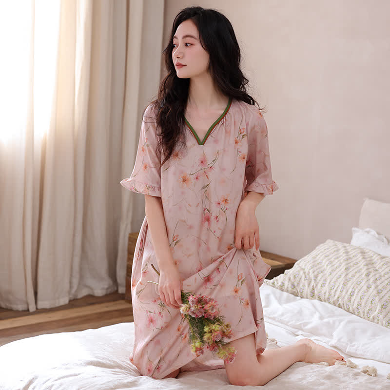 Floral Lyocell V Neck Ruffle Sleeve Lounge Dress - image 1