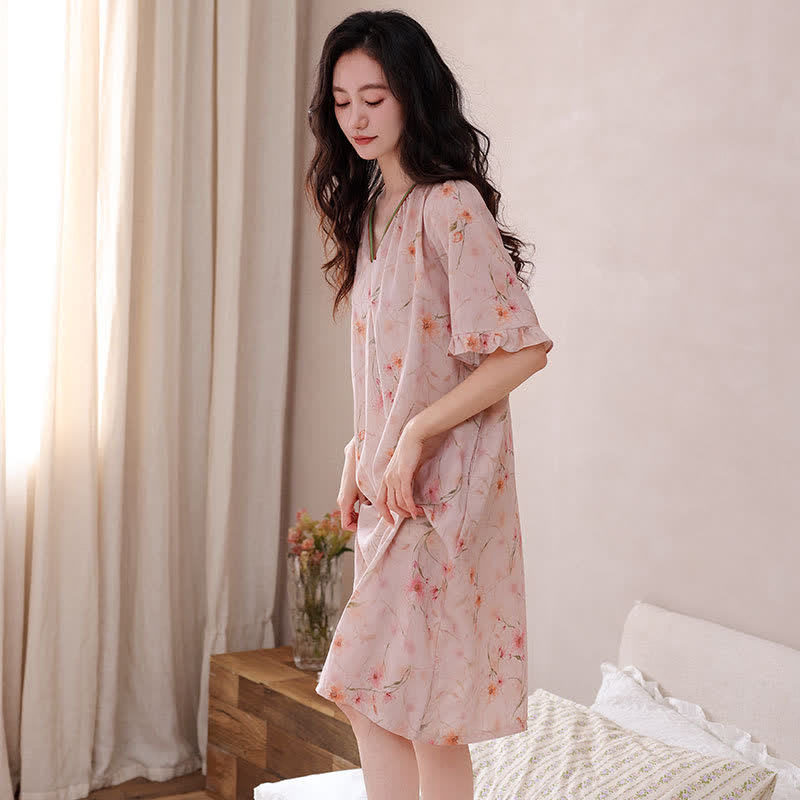 Floral Lyocell V Neck Ruffle Sleeve Lounge Dress - image 3