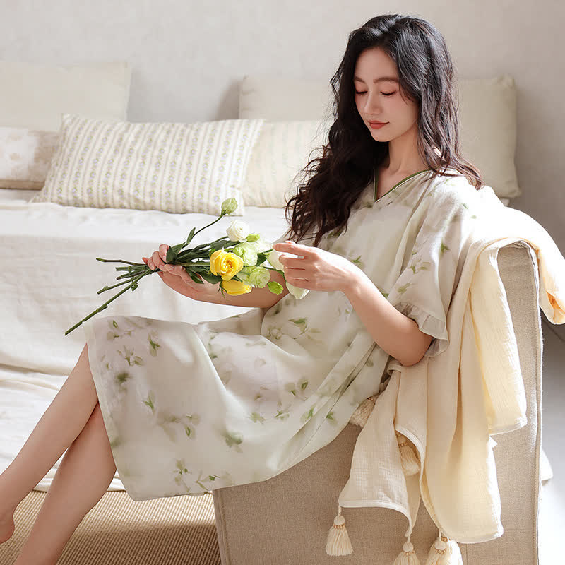 Romantic Floral Lyocell V-Neck Lounge Sleep Dress - image 1
