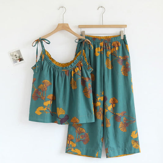 Botanical Leaf Cami & Pants Loungewear Set - Green & Orange - XL - image 0