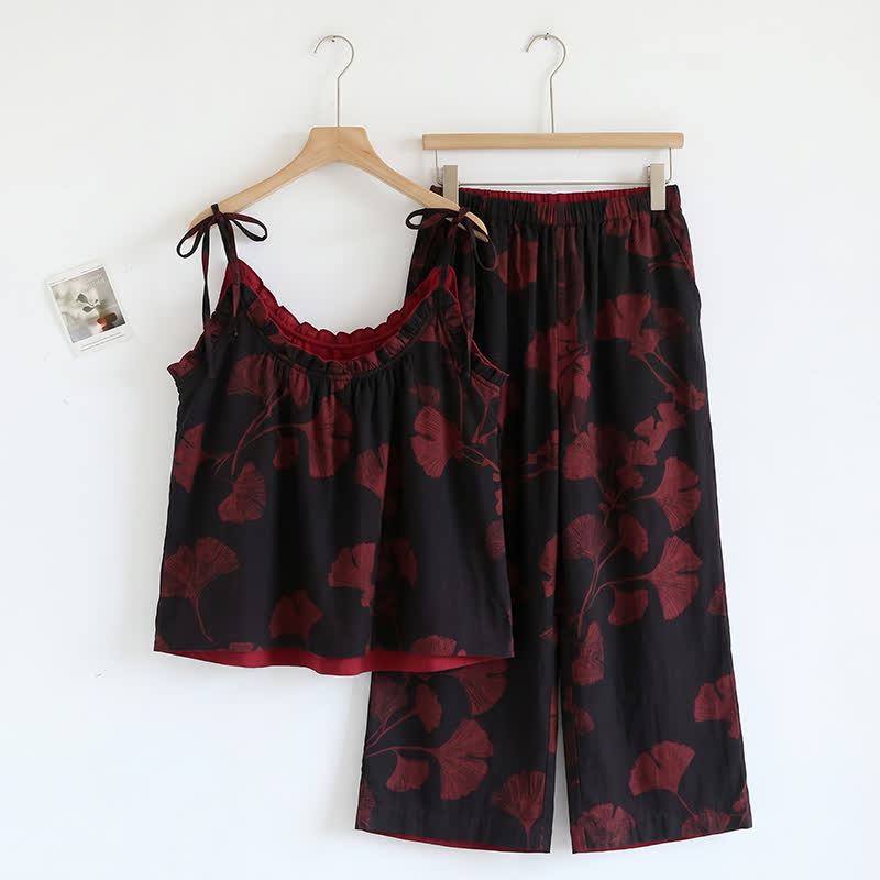 Botanical Leaf Cami & Pants Loungewear Set Midnight Ginkgo - Black & Red - XL - image 0