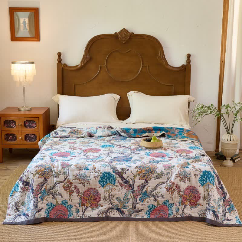 Vintage Botanical Cotton Muslin Reverisible Quilt - image 0