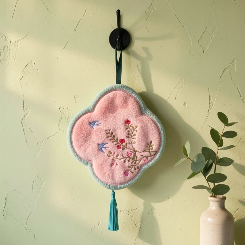 Bird & Floral Coral Fleece Hand Towel - LightPink - 9'' × 9'' - 1 PC - image 2