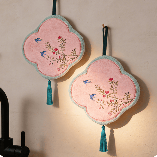 Bird & Floral Coral Fleece Hand Towel - LightPink - 9'' × 9'' - 2 PCS - image 0