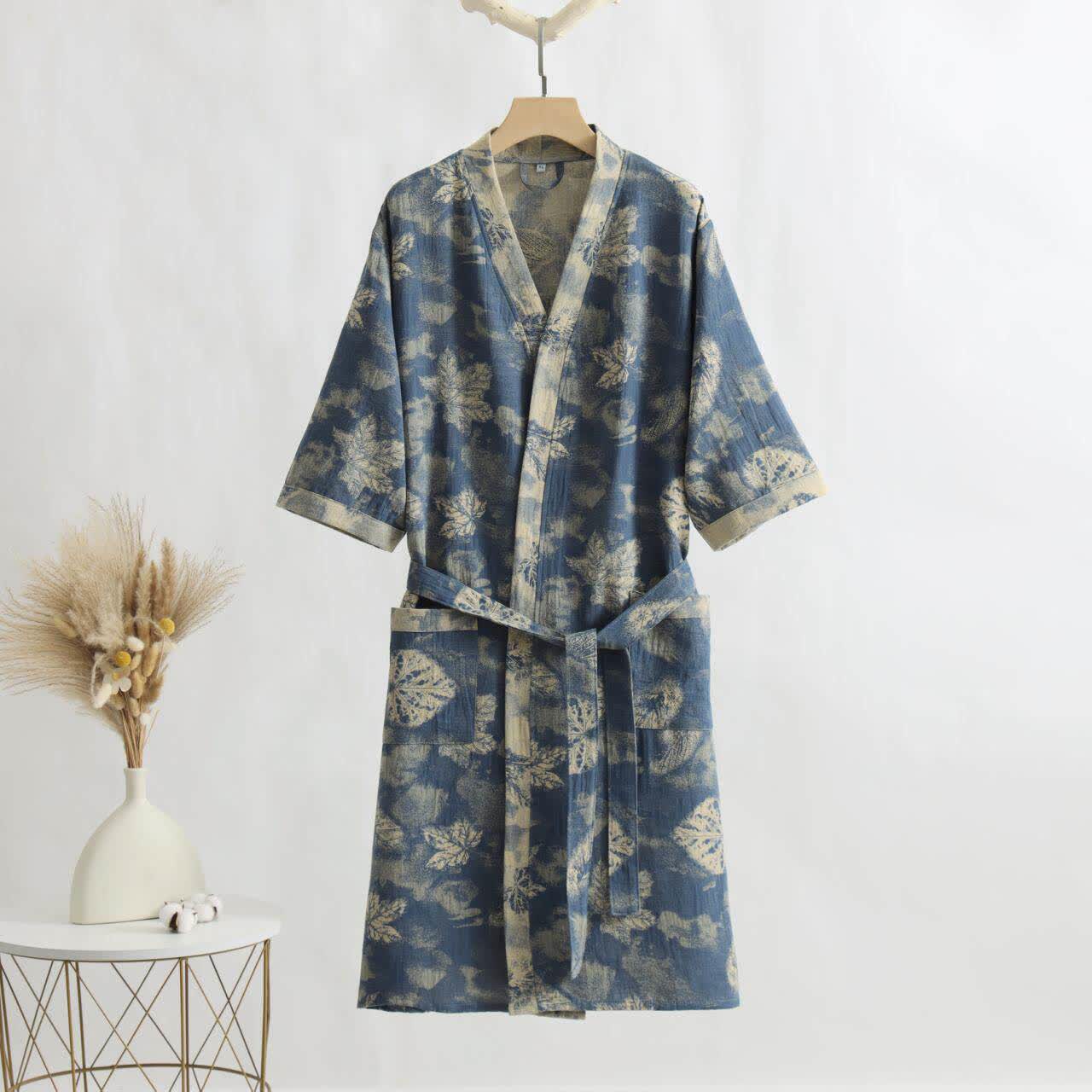 Maple Leaf Cotton Gauze Kimono Bathrobe - Blue - XL - image 0