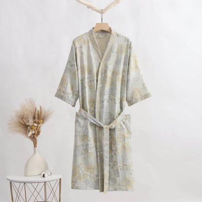 Floral Butterfly Cotton Gauze Kimono Bathrobe - Gray Green - XL - image 0