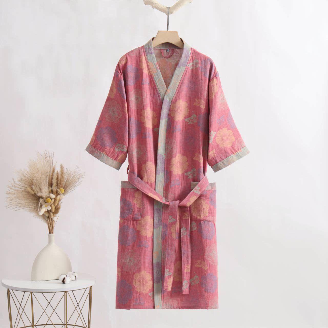 Pink Floral Cotton Gauze Kimono Bathrobe - Pink - XL - image 0
