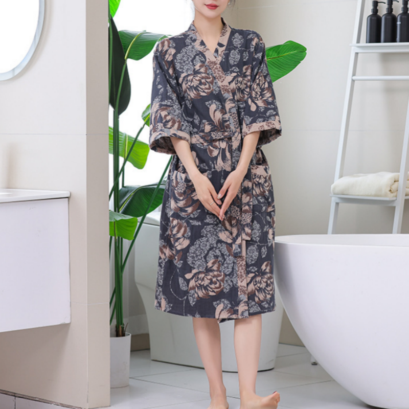 Floral Gauze Kimono Three-quarter Sleeve Bathrobe - image 1