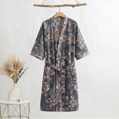 Floral Gauze Kimono Three-quarter Sleeve Bathrobe - Black - XL - image 0