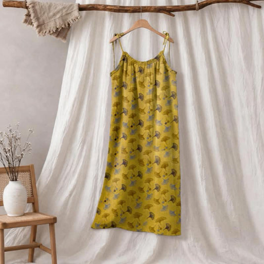 Ginkgo Floral Tie Strap Lounge Dress - Yellow & Brown - XL - image 0