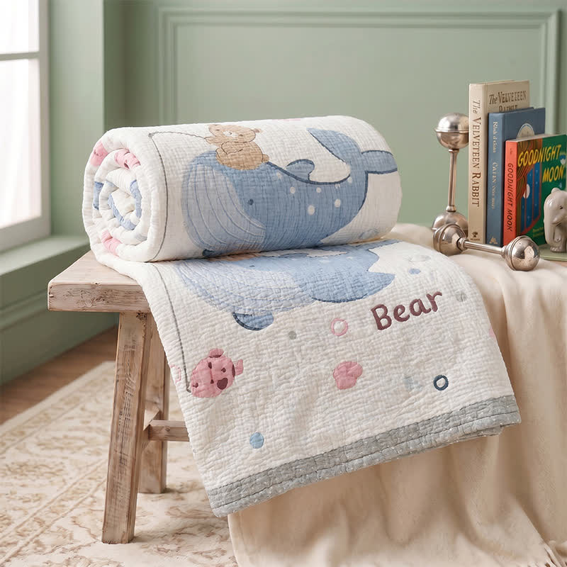 Whale and Bear Lyocell Quilted Baby Blanket - White - Twin(59" × 79") - image 0