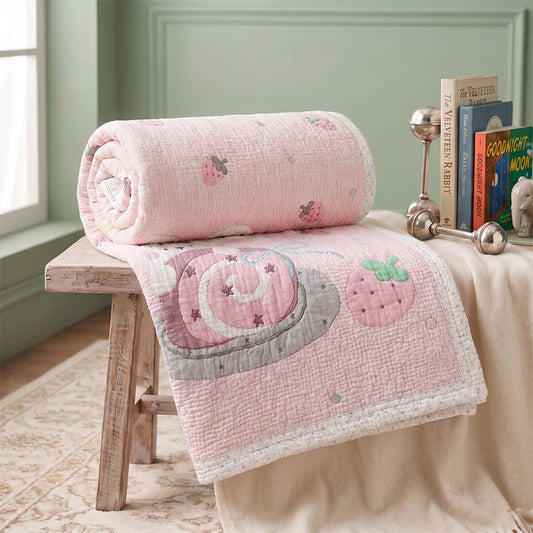 Pink Bunny Strawberry Lyocell Baby Blanket - Pink - Twin (59" × 79") - image 0