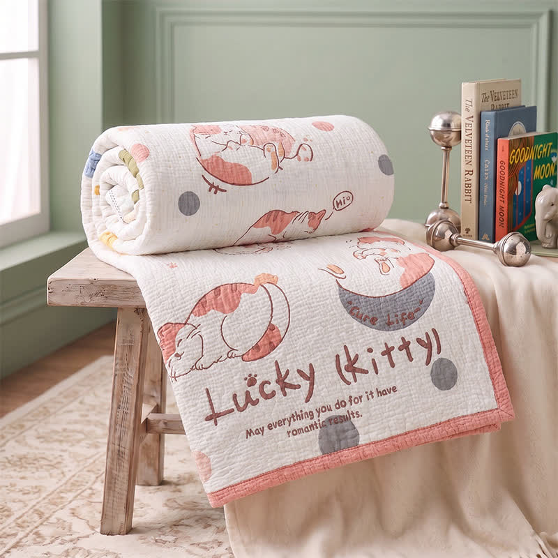 Lucky Kitty Lyocell Quilted Baby Quilt - White & Pink - Twin - image 0