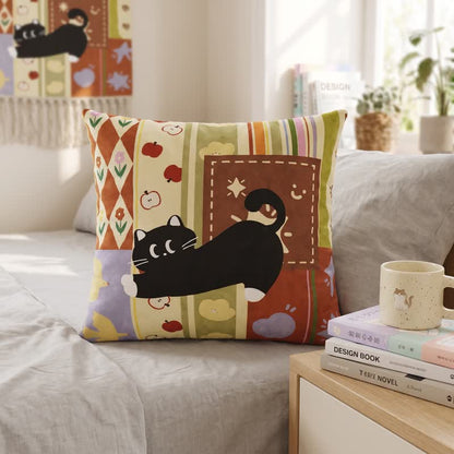 Whimsical Black Cat Patchwork Decorative Throw Pillow - 20" × 20" - Cover + Insert - image 0