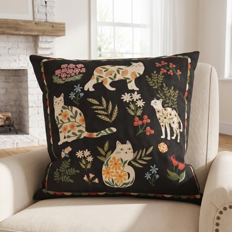 Midnight Cat Garden Velvet Throw Pillow - Black - 20" × 20" - Cover + Insert - image 3