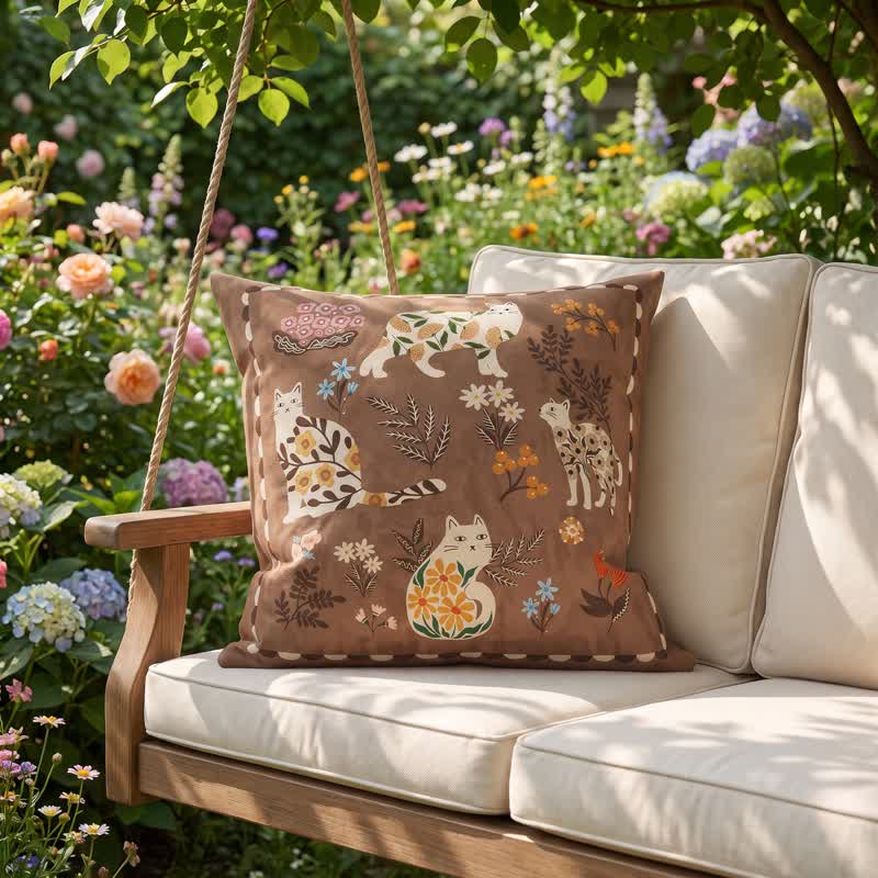 Midnight Cat Garden Velvet Throw Pillow - Coffee - 20" × 20" - Cover + Insert - image 1
