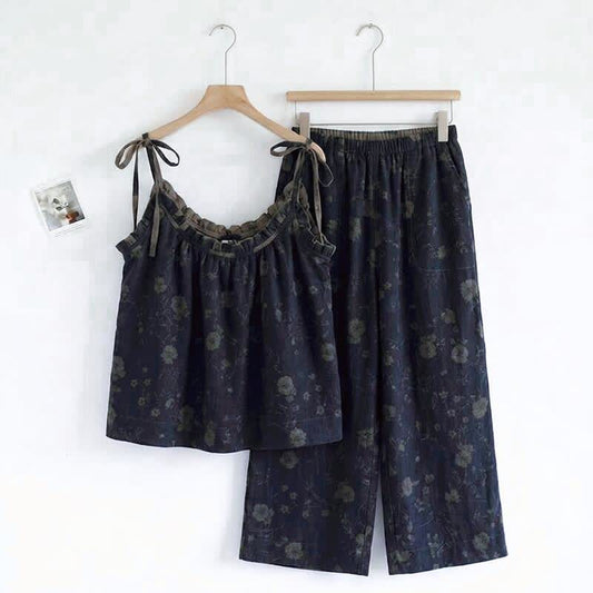 Vintage Floral Cami & Pants Pajama Set - Navy Blue & Gray - XL - image 0